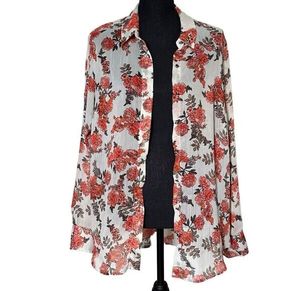 Women’s a new day Mint Floral Button Front Long Sleeve Sheer Blouse Size XL - Picture 1 of 6